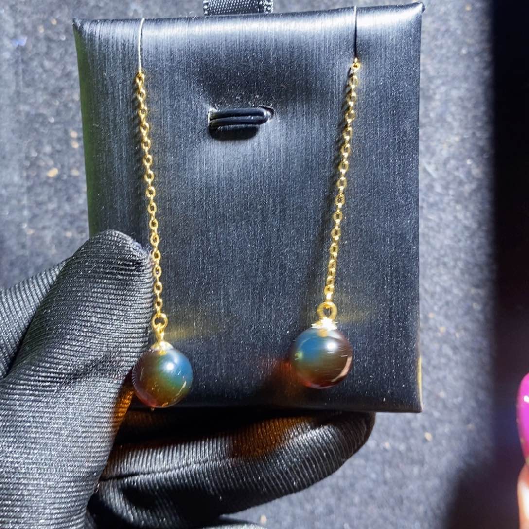 蓝珀裸石银S925镶嵌红蓝珀卡9耳线