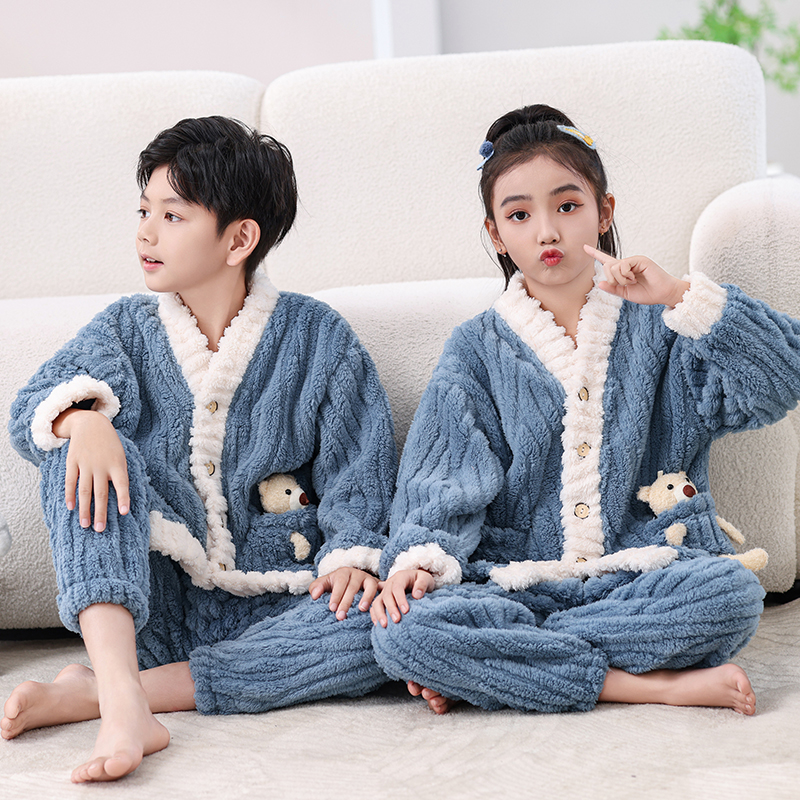 瑾鸽儿童睡衣新款法兰绒开衫加厚男童小女孩珊瑚绒冬季家居服套装