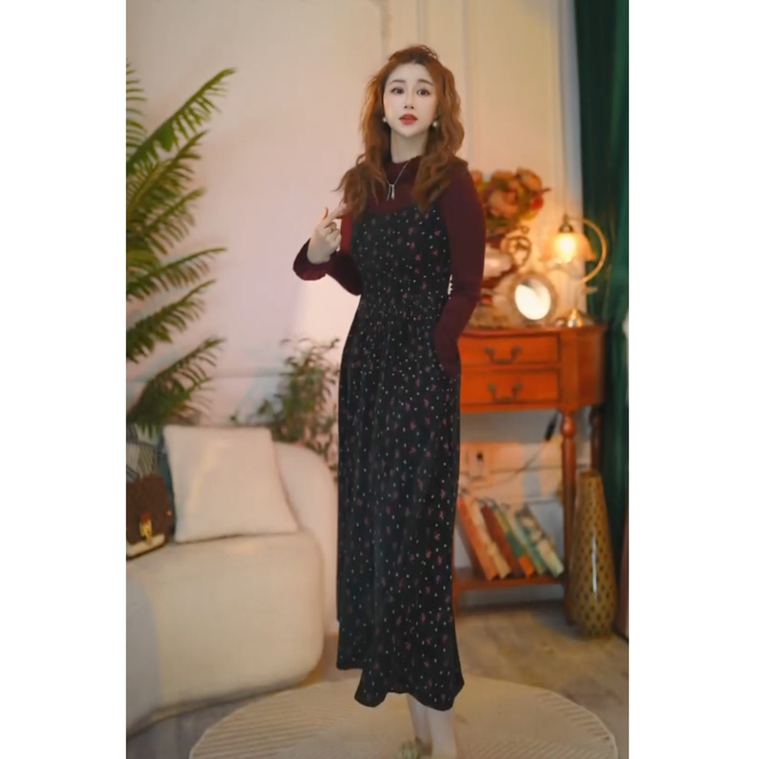 【葡萄美酒】秋冬新款背带连衣裙套装女长袖打底衫A字长裙显瘦碎花