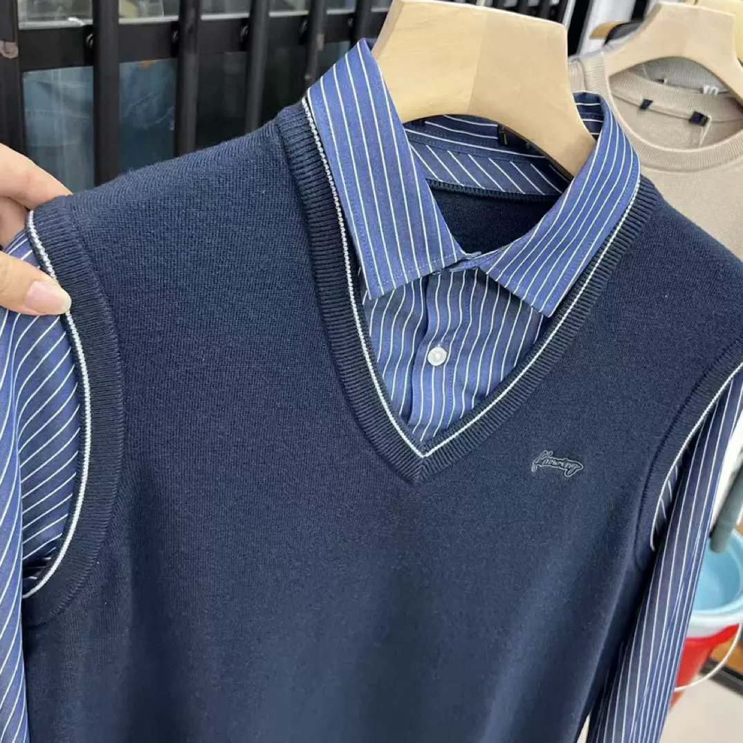 海剪标 秋冬季男士藏青色假两件百搭针织衫条纹长袖打底衫