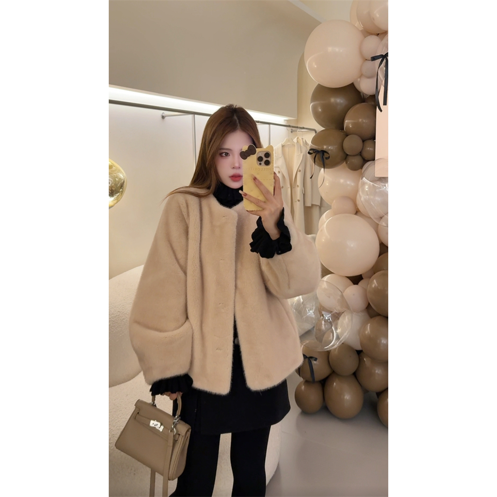 人造皮草 NN LIMITED≥新款自制2513圆领系扣侧兜纯色貂毛仿皮草