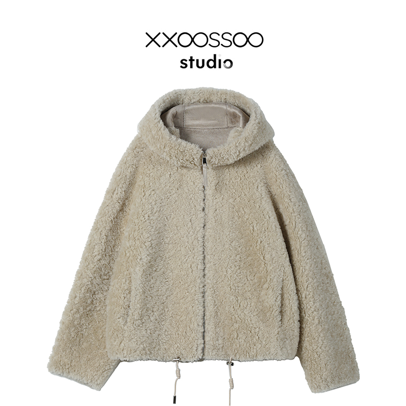 xxoossoo 澳大利亚美丽诺100%羊毛冬季连帽厚羊毛外套裘皮工艺