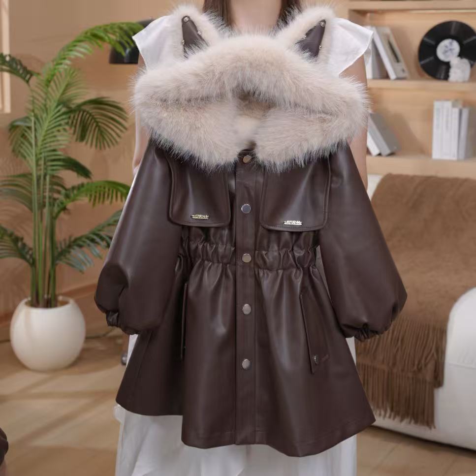 女童冬季加厚保暖外套2025新款女孩皮衣加绒大衣