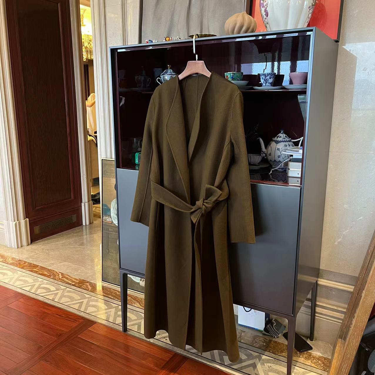 MYL 绵羊毛混纺双面呢外套2023秋季长袖翻领系带长款上衣