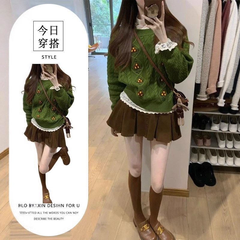 秋冬搭配一整套韩系圣诞节绿色麻花毛衣搭配蕾丝内搭短裙三件套女