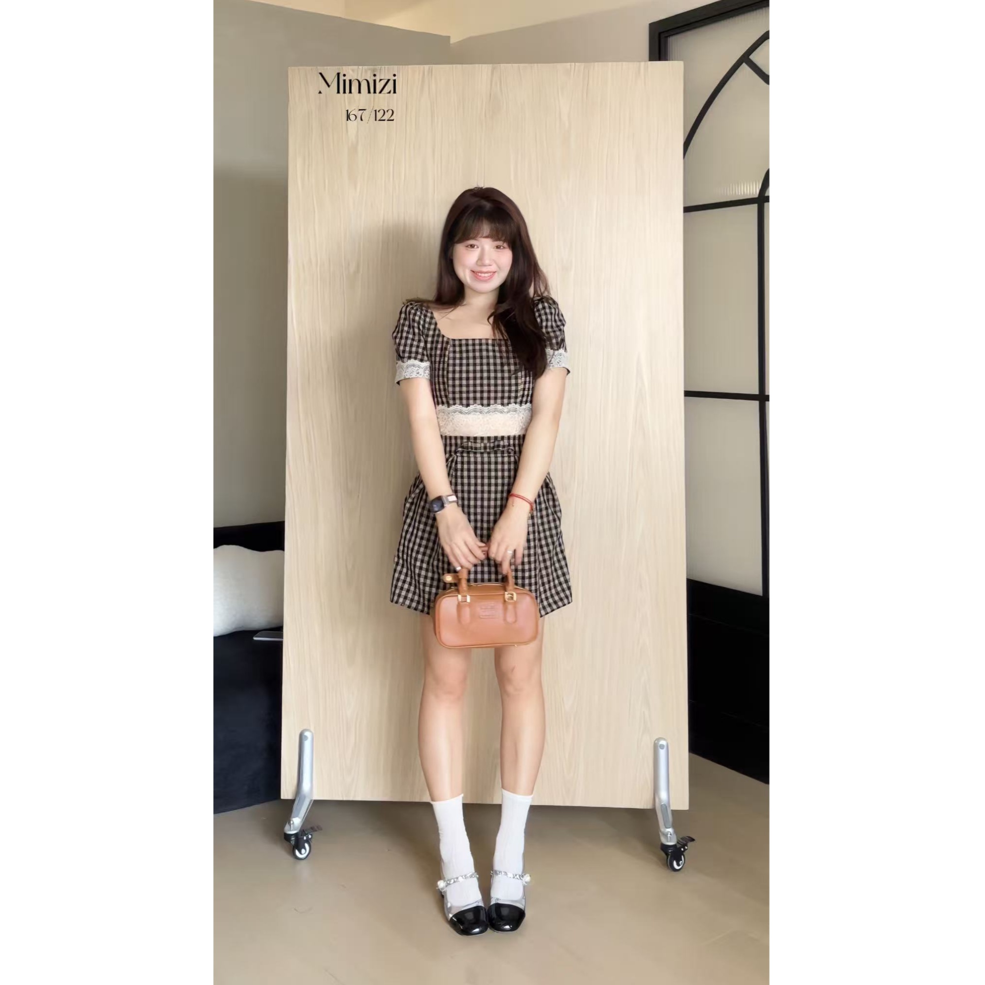 【少量现货】米米子定制格子宽肩带腰部蕾丝拼接短裙气质显瘦长短款