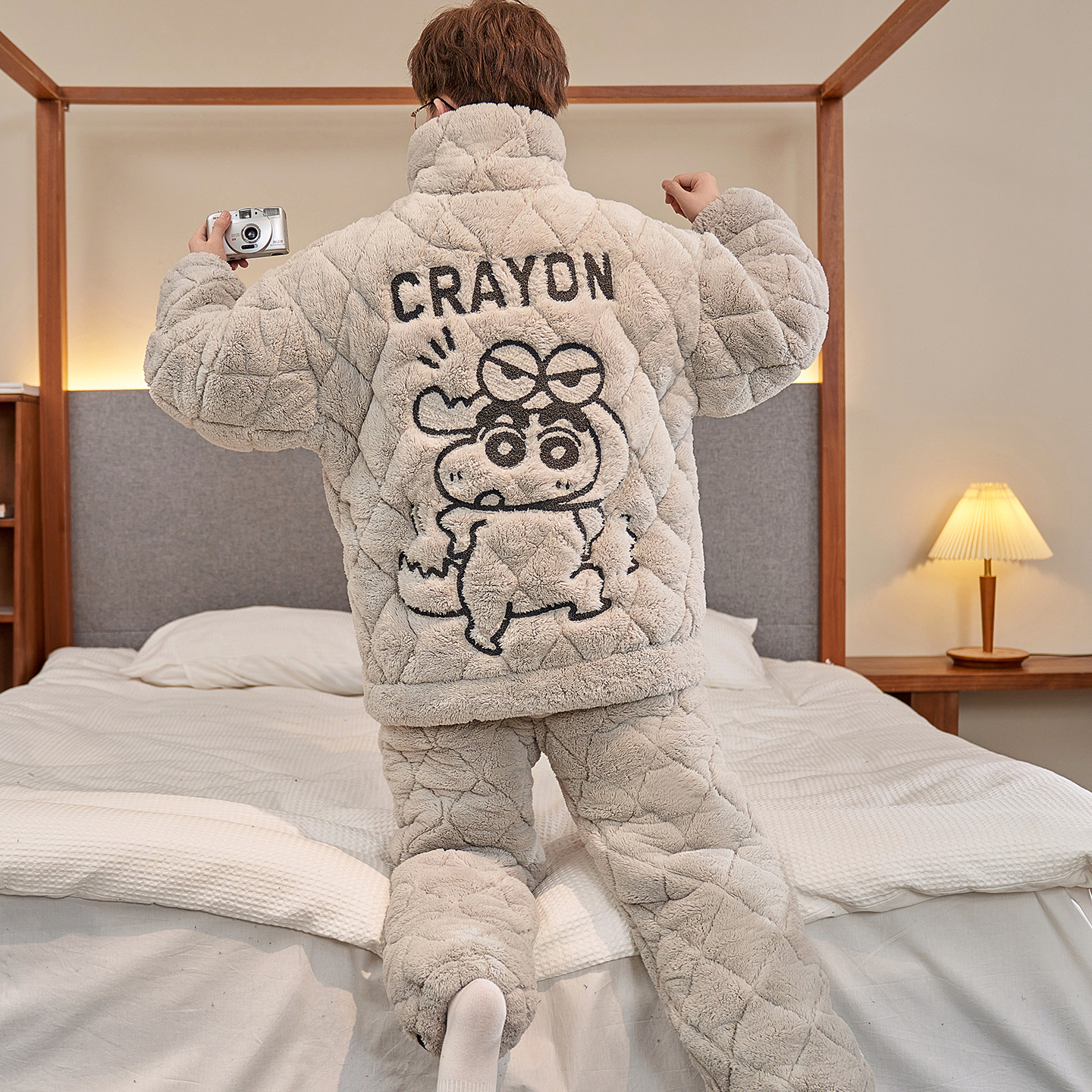 珊瑚绒夹棉睡衣男士三层加厚加绒冬季保暖男生御寒家居服睡衣套装