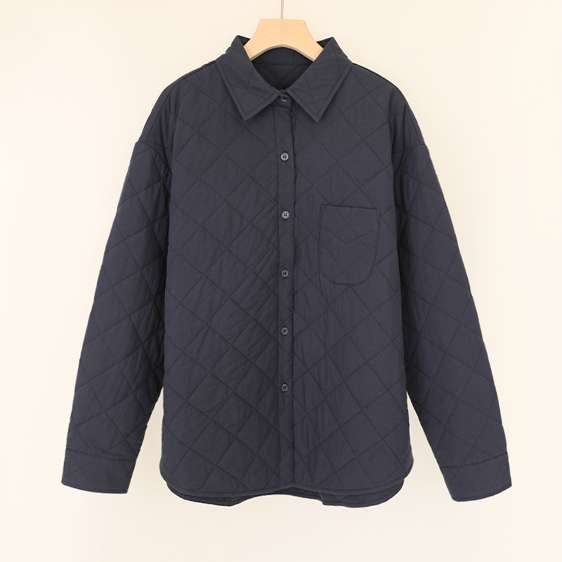 【藏青】长袖女常规款纯色棱格夹棉棉服衬衫棉衣加厚外穿宽松