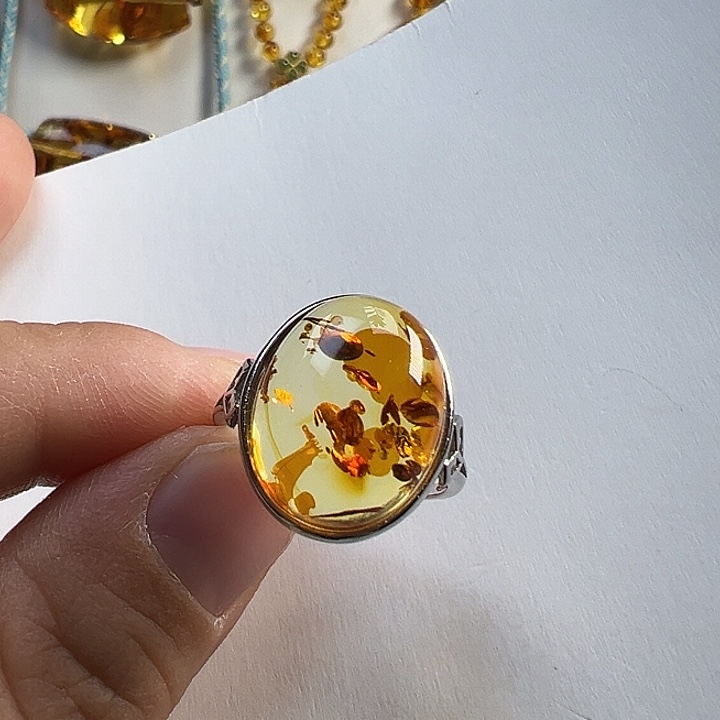 琥珀（花珀）银S925镶嵌戒指