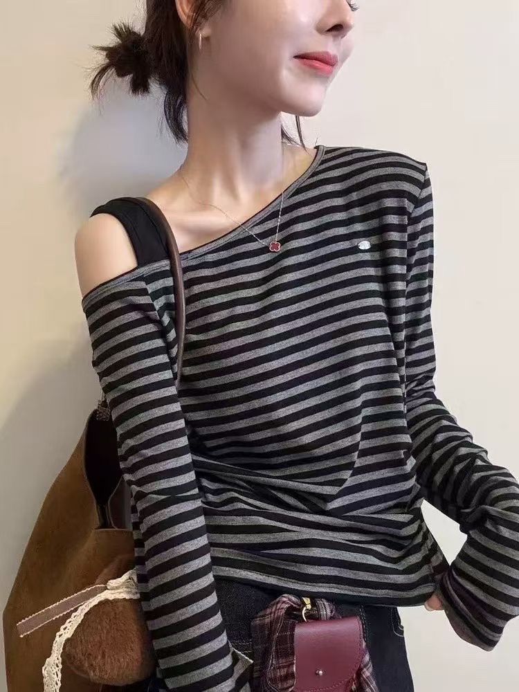 长袖辣妹风女士韩版斜肩条纹T恤休闲设计感时尚百搭修身