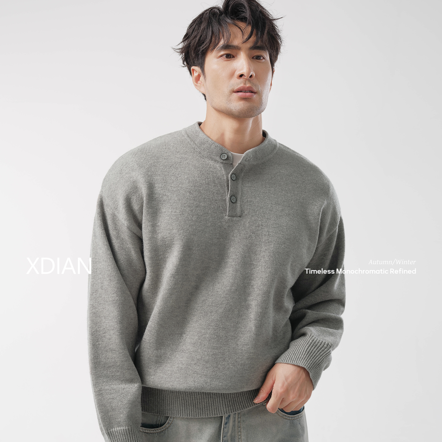 XDIAN/续点亨利领打底毛衣男款秋冬抗起球轻奢长袖针织上衣加厚