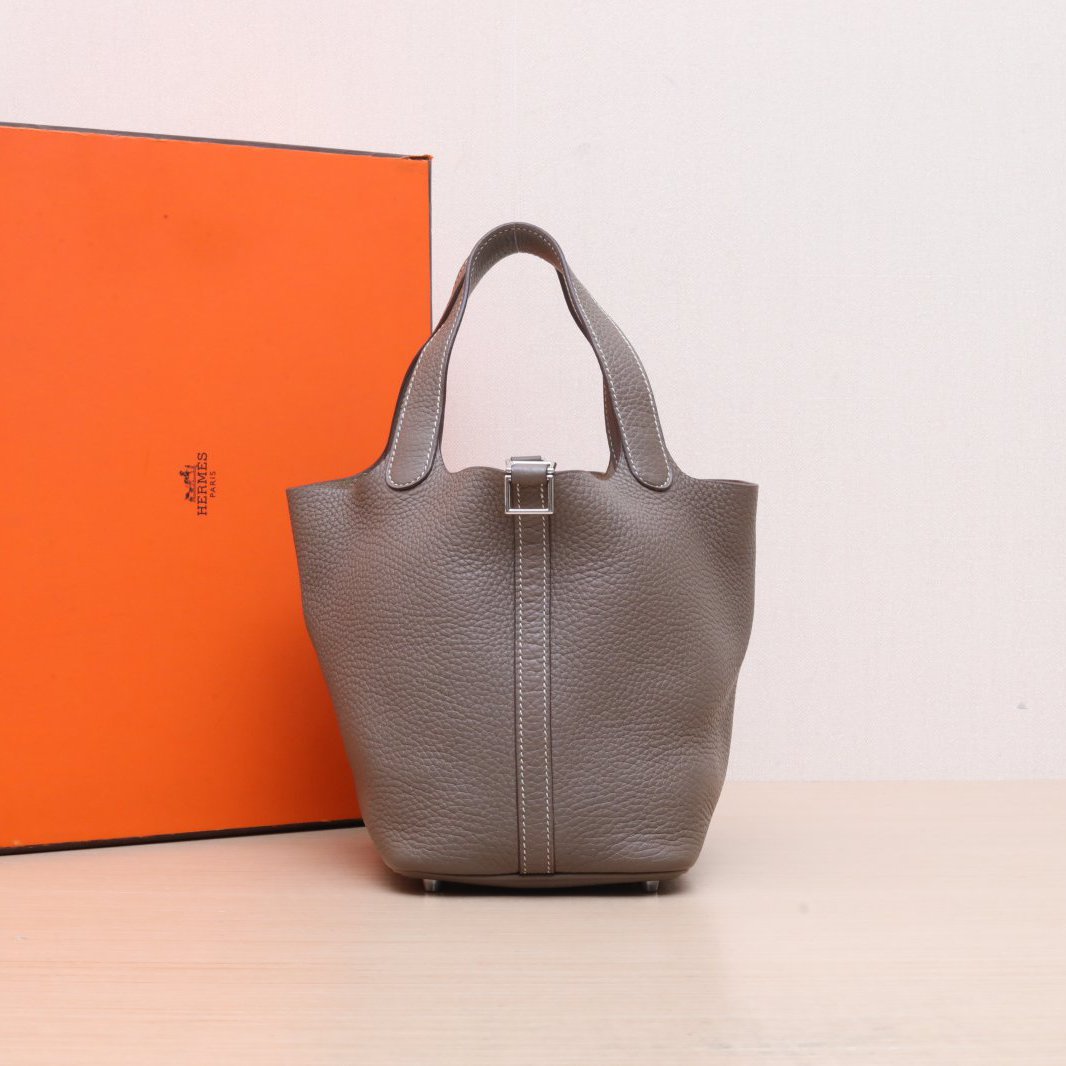 95新 Hermes/爱马仕 【小花Han】 菜篮子 18 大象灰 TC皮 X刻
