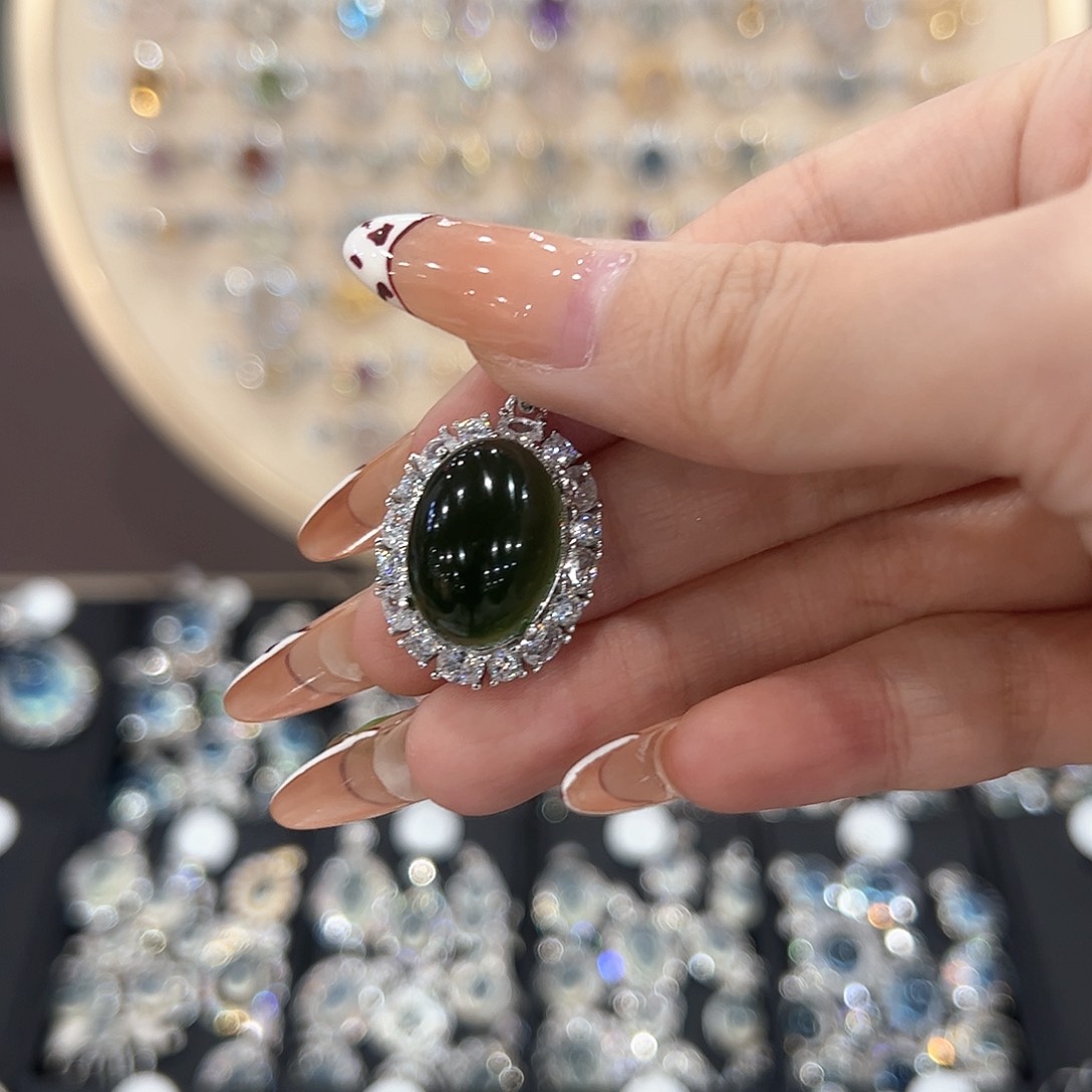 蛇纹石玉银S925镶嵌戒指Z*