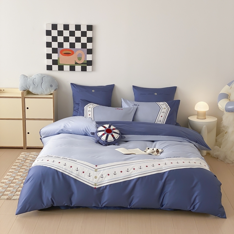 2025春夏新款100s棉工艺款绣花四件套蓝色轻奢简约女孩加厚斜纹