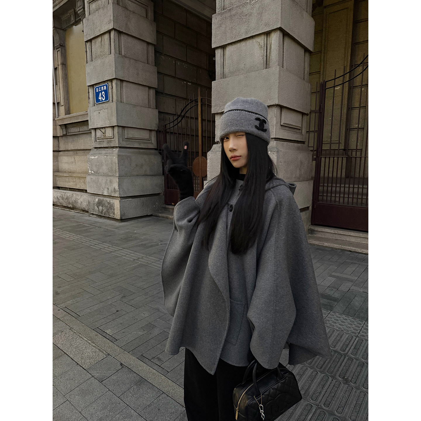 70不是七十【贝尼斯岛屿】秋冬韩系斗篷短款连帽羊毛双面呢大衣