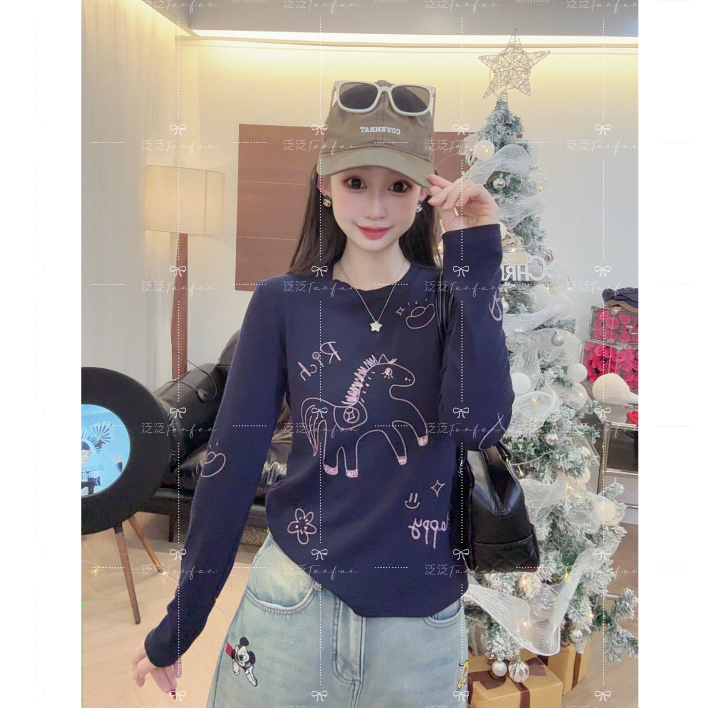 【马上有钱】秋冬季新款羊毛绣花百搭长袖T恤上衣