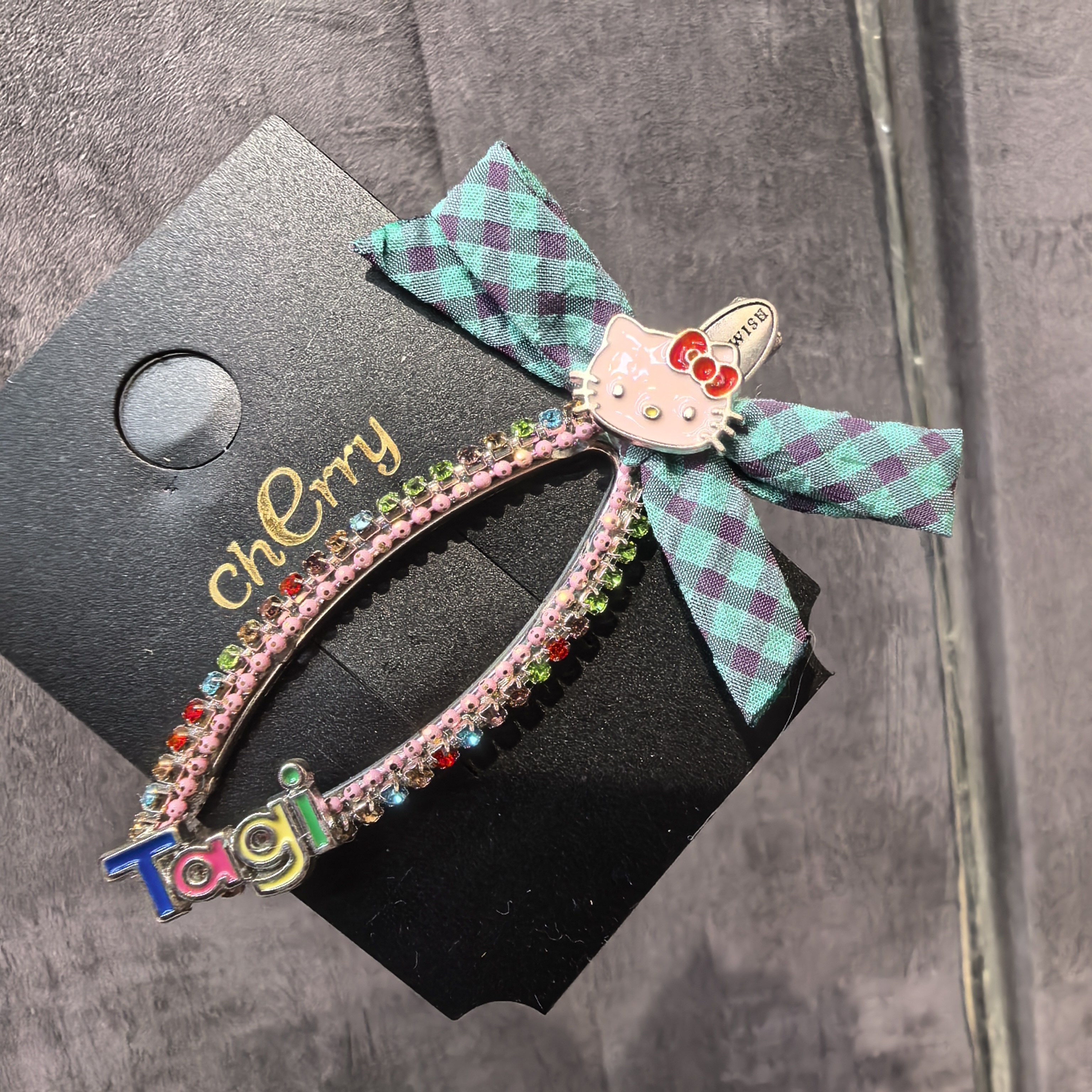 E886蓝色格子蝴蝶结KT猫咪闪闪边夹