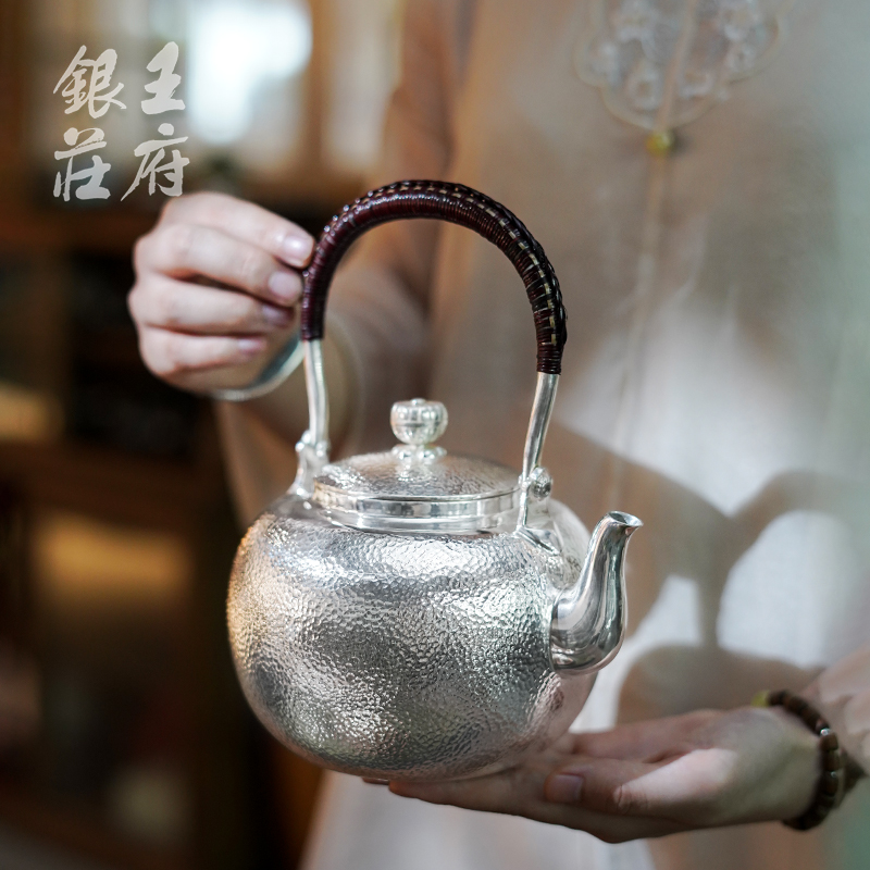 足银999纯手工烧水壶银壶煮茶壶亮面细锤纹银茶具送礼茶器 粼光