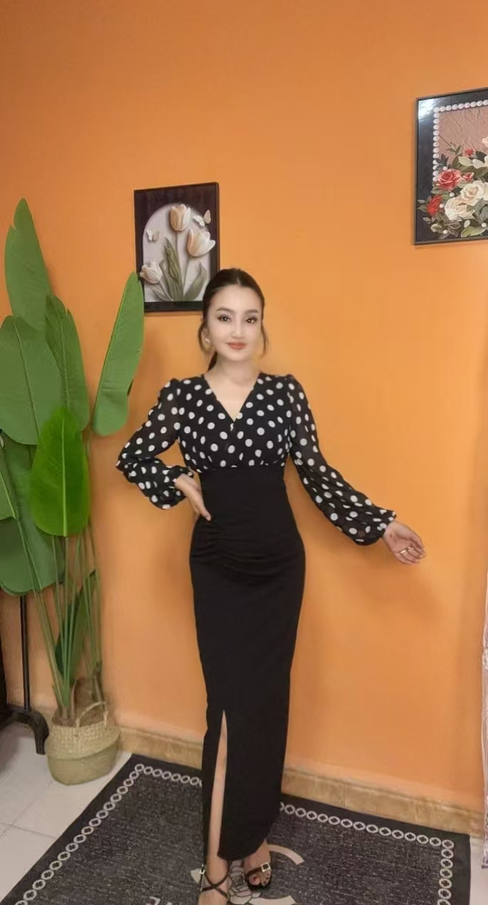 新款圆点拼接长袖气质显瘦修身前开叉长款连衣裙