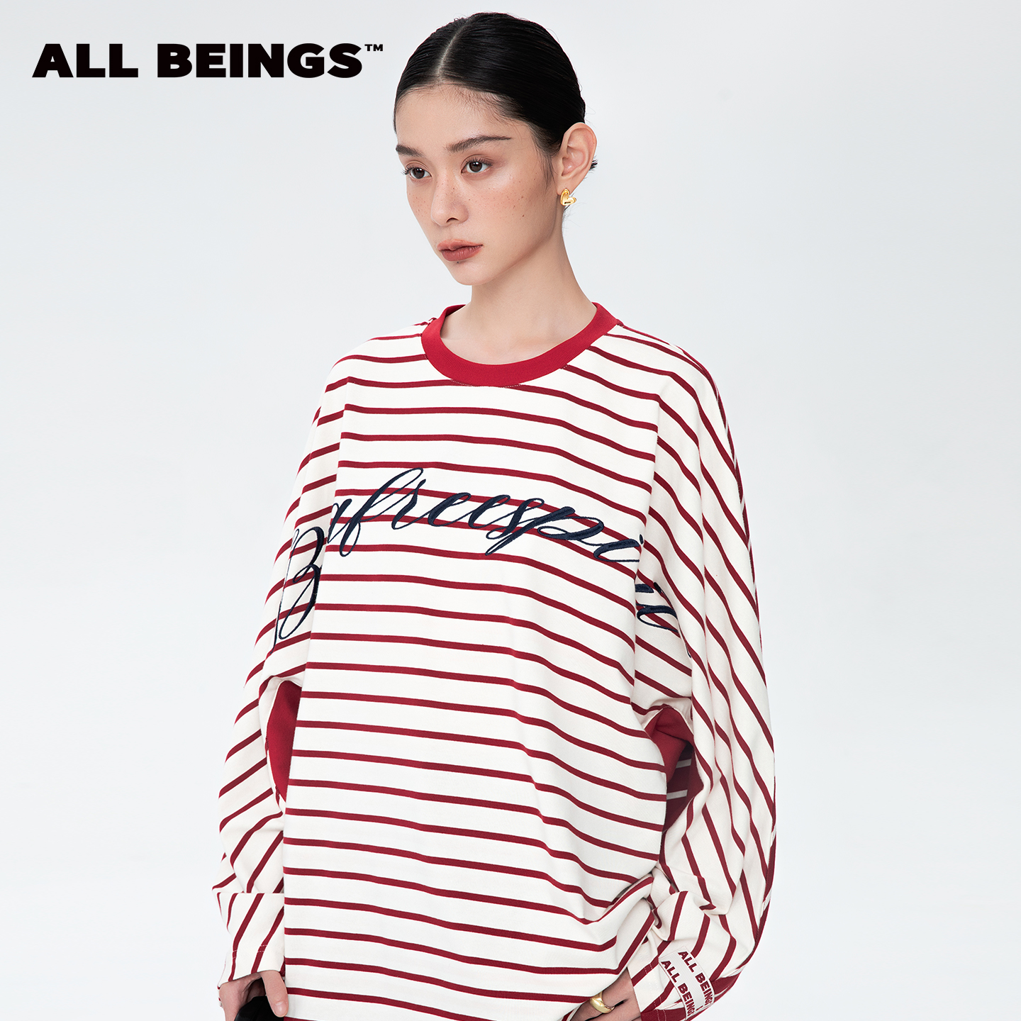 ALL BEINGS25AW设计师新款宽松显瘦条纹拼色刺绣廓形长袖T恤