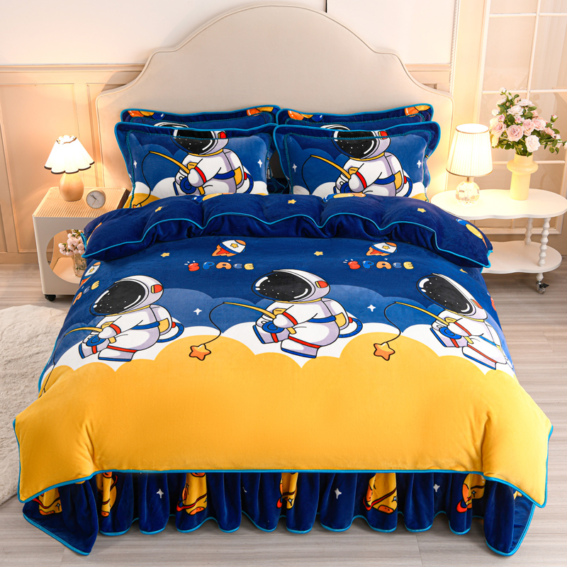 新品加厚保暖8-9斤牛奶绒床裙四件套双面绒被套加绒1.8米床上用品