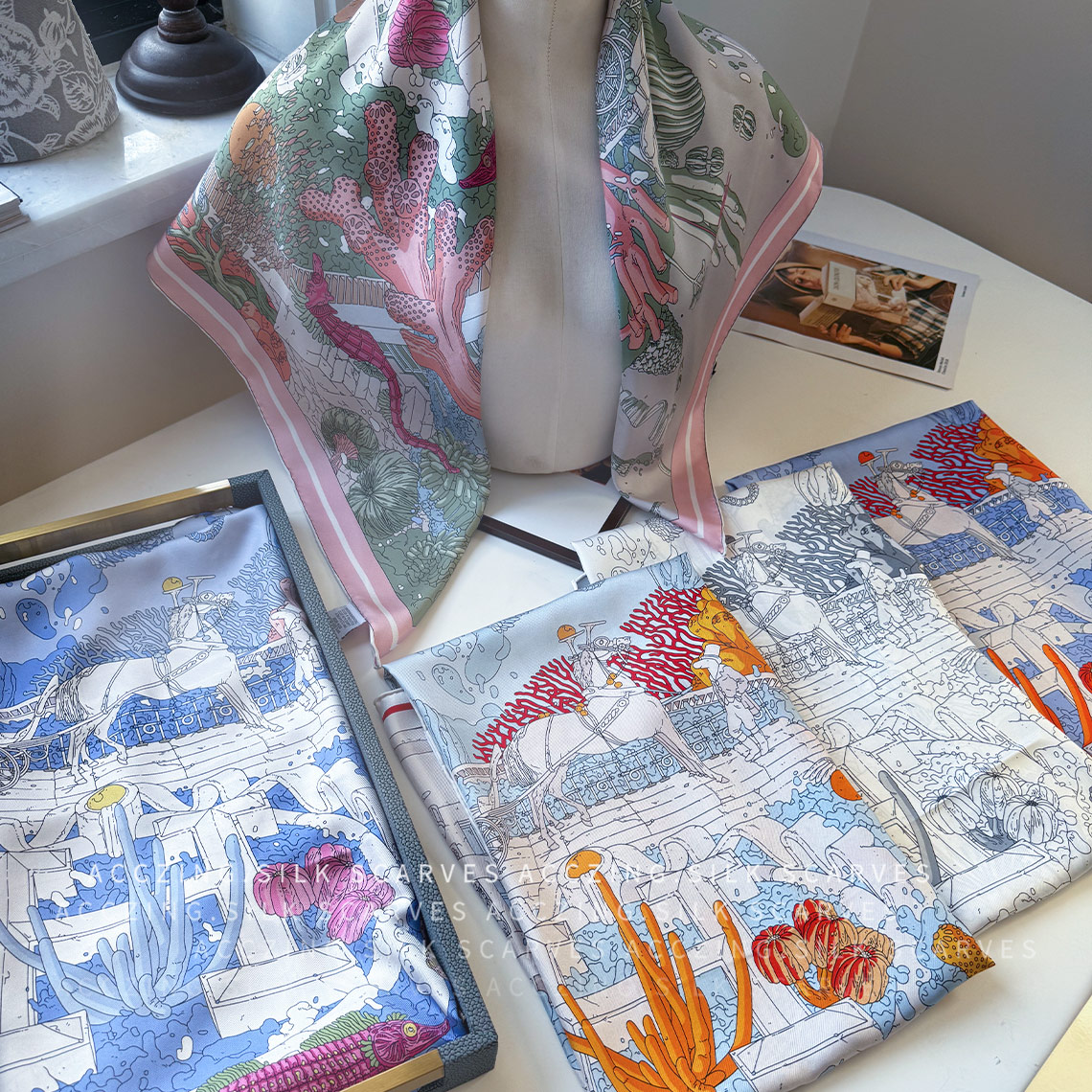 「亚特兰蒂斯-藏书章版」90cm18姆米斜纹双面丝巾桑蚕丝真丝方巾