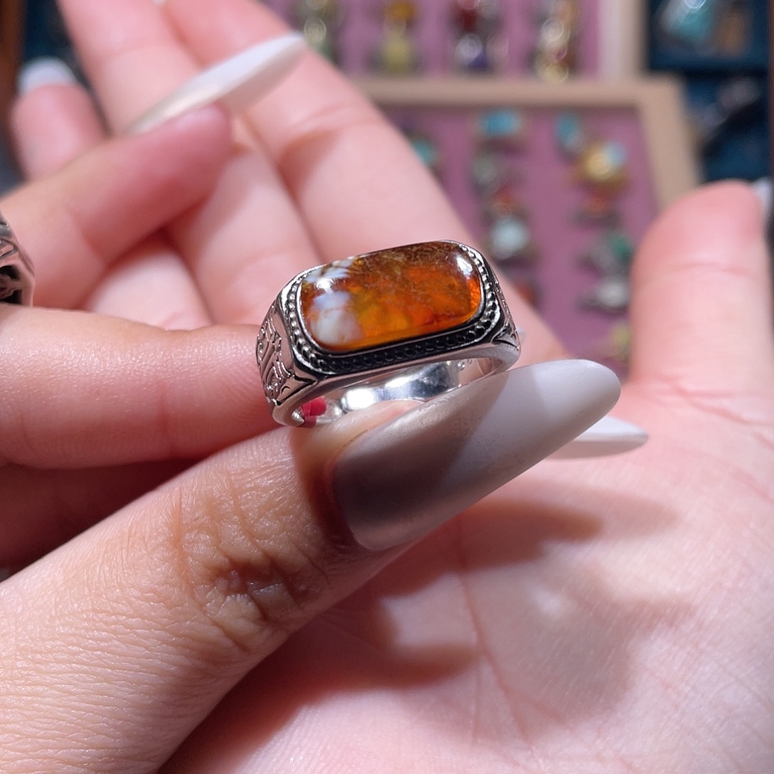 琥珀银S925镶嵌戒指