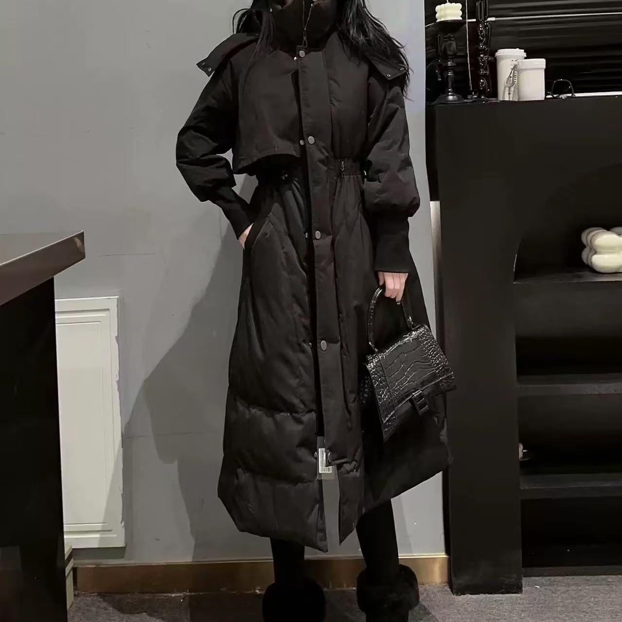  W80 欧货冬季时尚收腰连帽韩版宽松中长款棉服外套