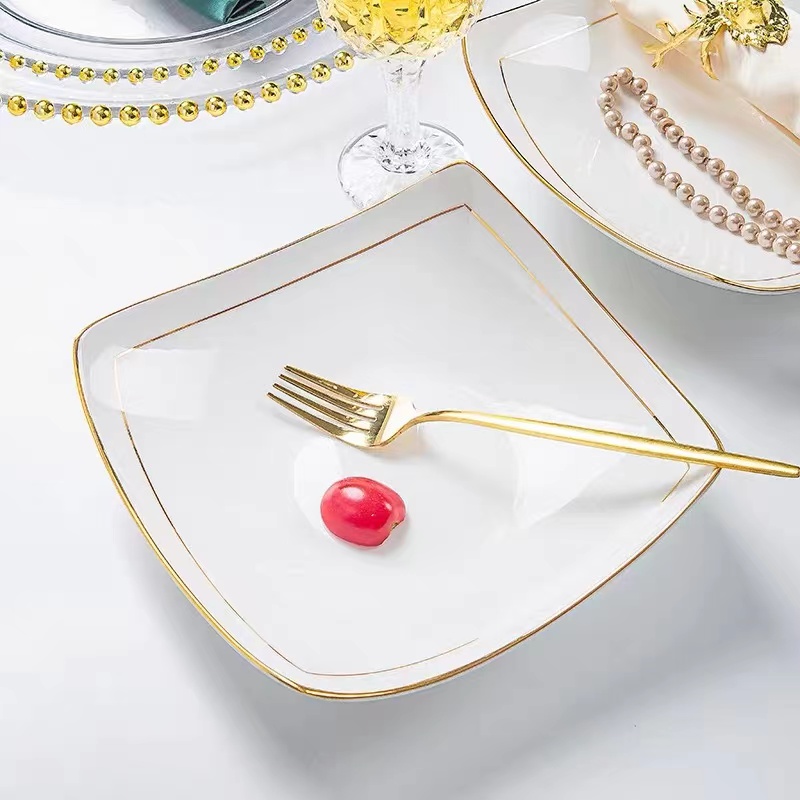 景德镇高温骨质瓷纯白描金边8英寸贵龙深菜盘简约创意汤盘家用盘