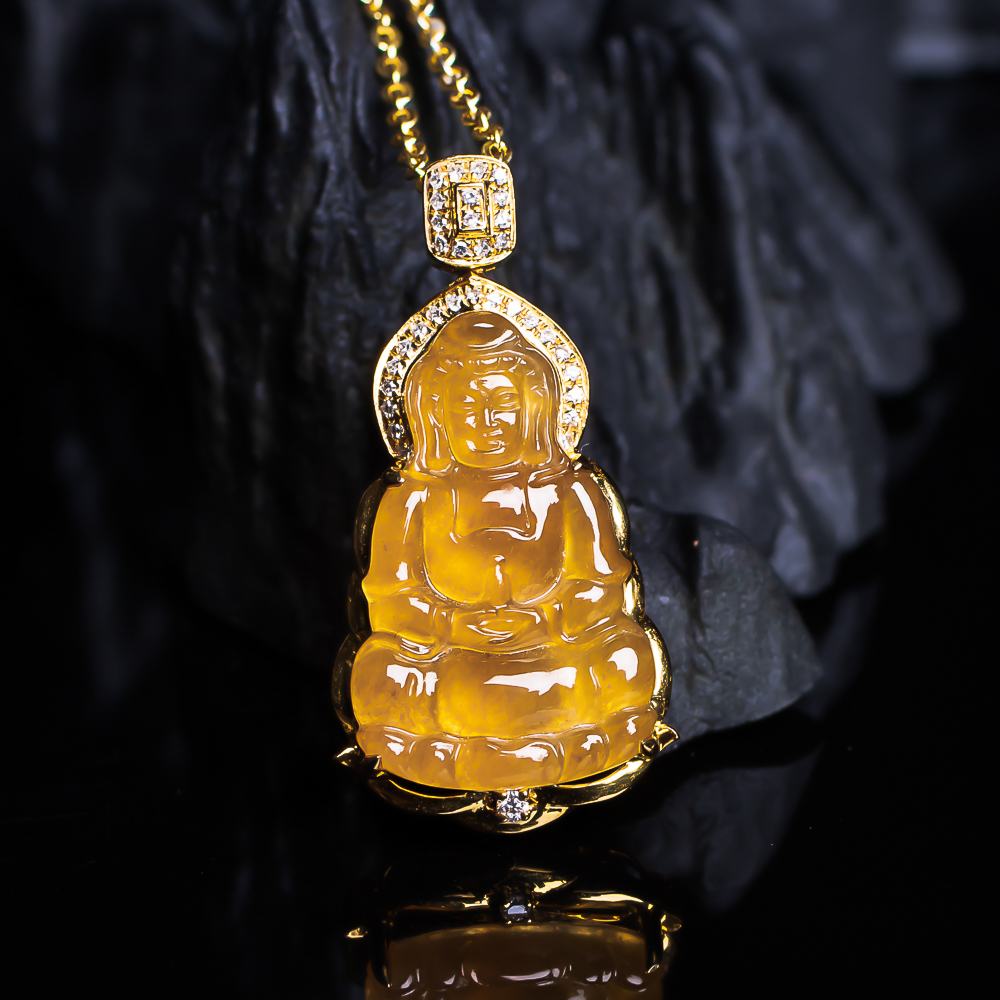 天然翡翠A货18K金镶嵌黄翡观音吊坠