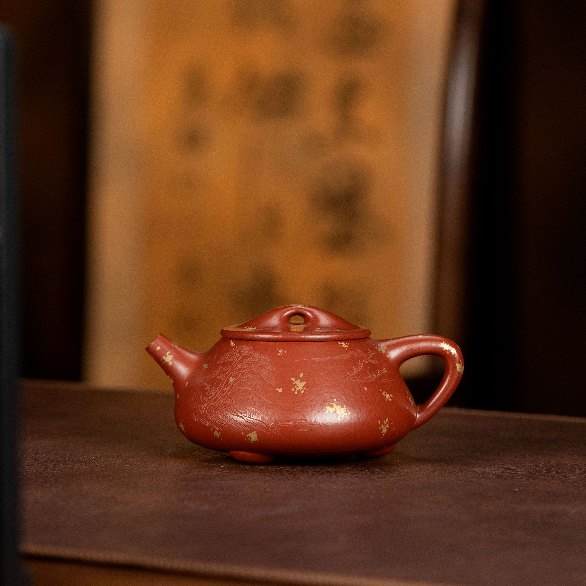 【利贞l湖光山色-满瓢（洒金）】原矿朱泥约280cc全手工制茶壶JNHY