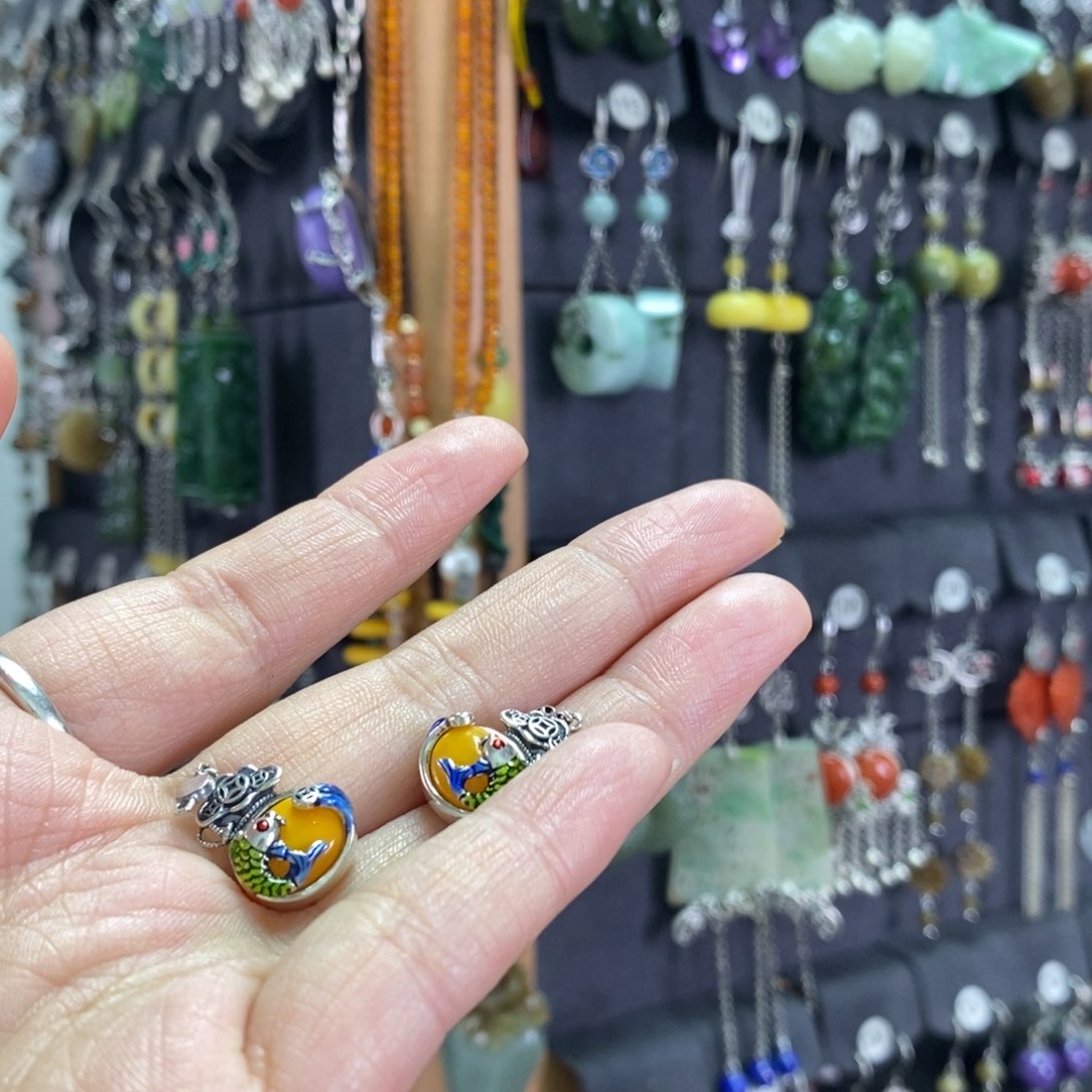 蜜蜡耳饰银S925镶嵌假***果X47