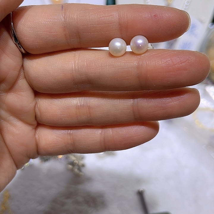 淡水珍珠白珠耳钉7mm银S925镶嵌