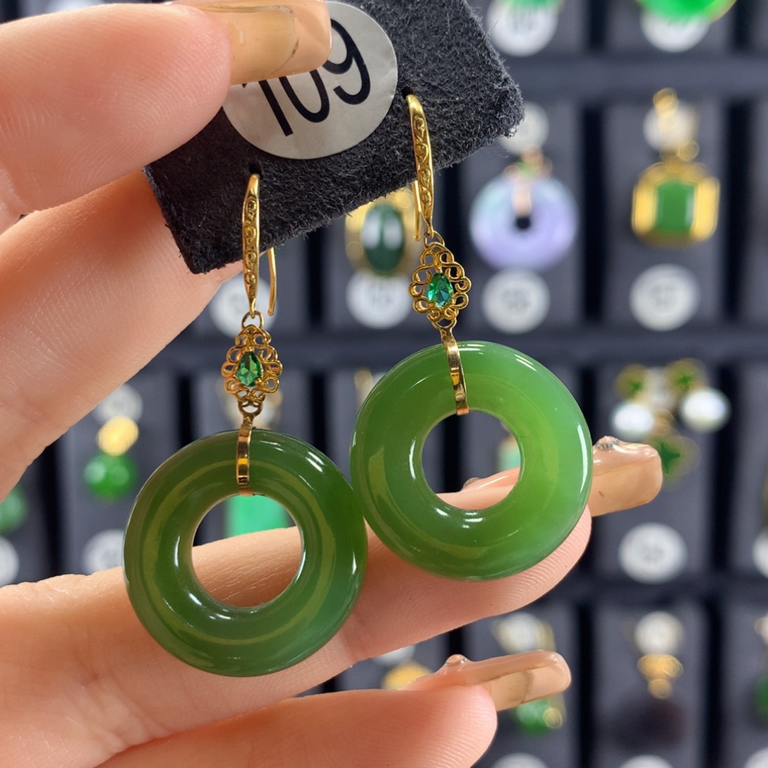 和田玉耳饰18K金镶嵌小*