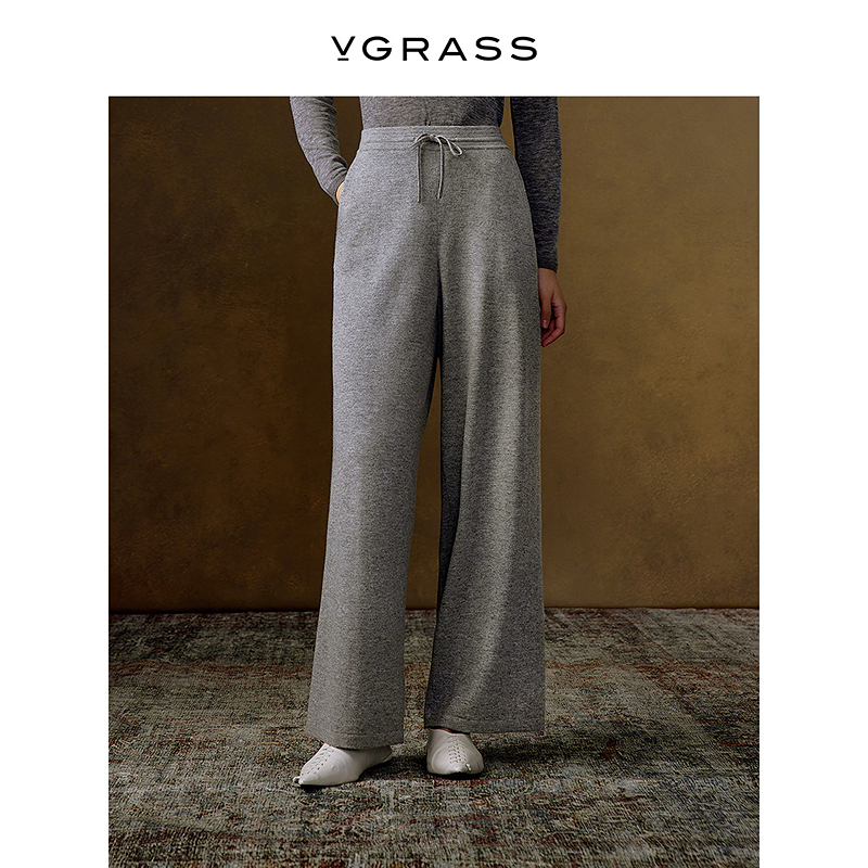 VGRASS美利奴羊毛休闲裤冬季新款舒适松紧腰宽松阔腿裤VZK4P4868D