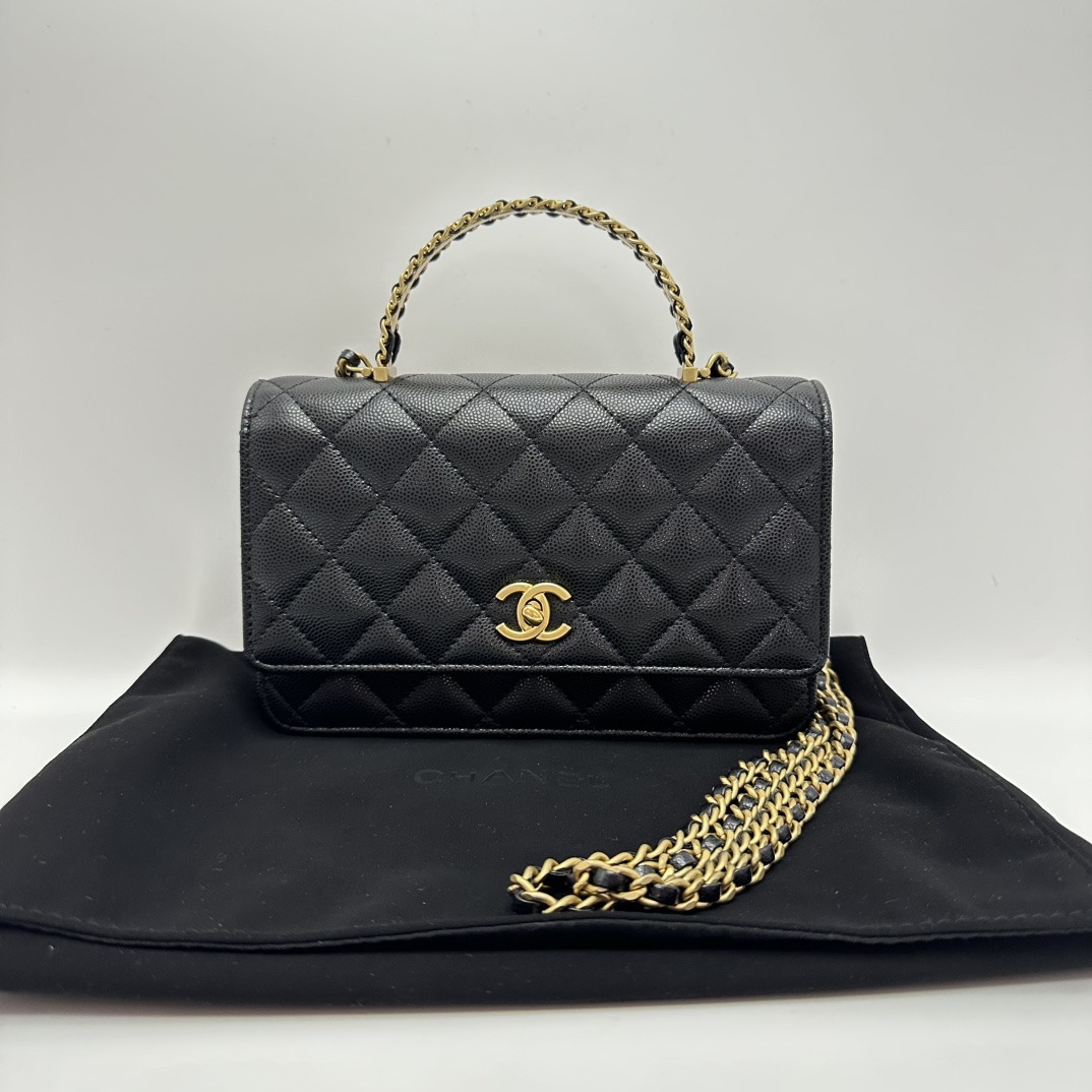 95新 Chanel/香奈儿 黑金手柄菱格纹皮穿链手提包 22872