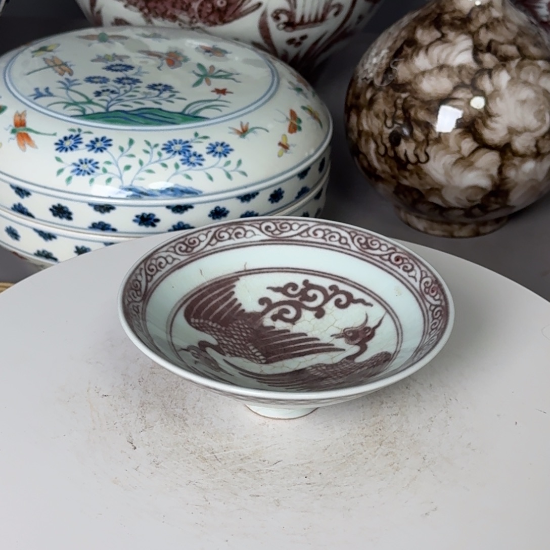 摆件釉里红！凤纹斗笠碗！