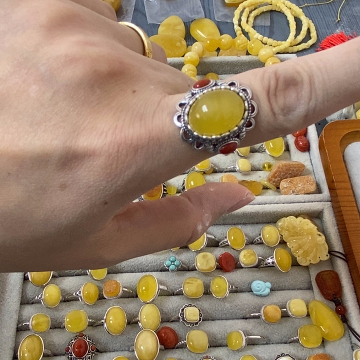 蜜蜡裸石银S925镶嵌戒指