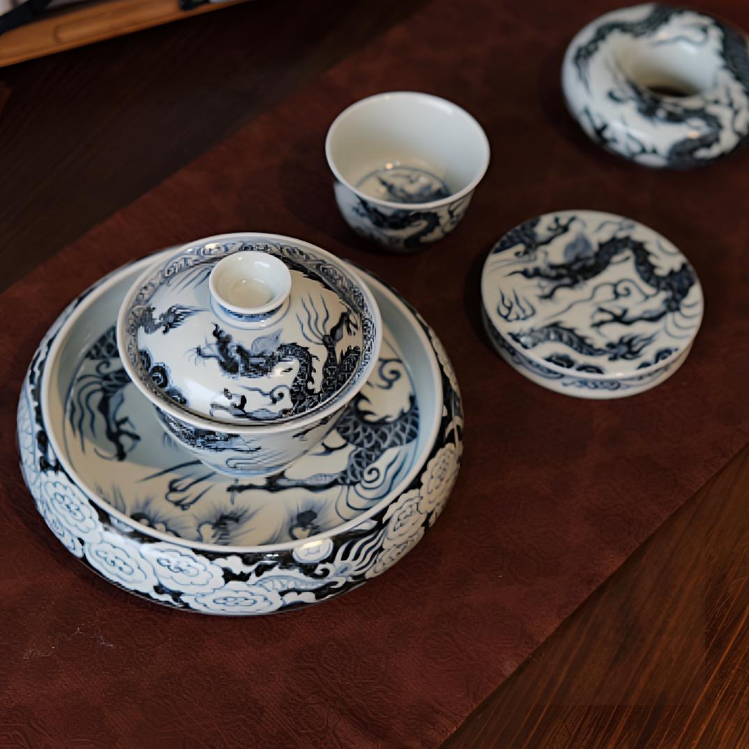 博陵造物飞龙在天四件套铠甲龙茶具陶瓷青花盖碗龙纹铠甲龙盖碗