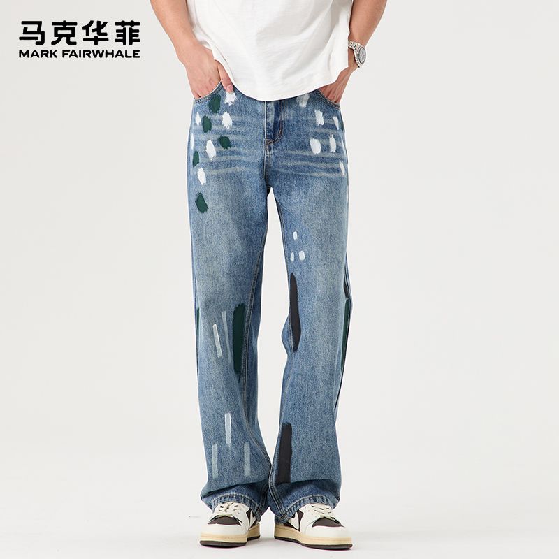 马克华菲休闲水洗直筒牛仔裤男士春秋新款个性破洞涂鸦休闲长裤子