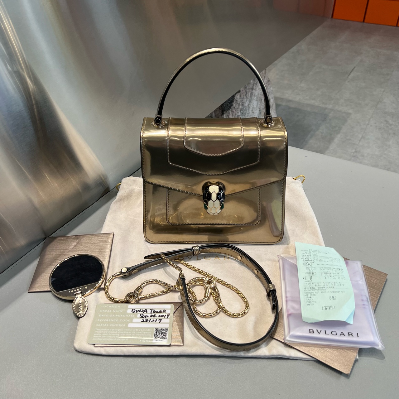 99新 BVLGARI/宝格丽 SERPENTI FOREVER系列 金色蛇头风琴包小号