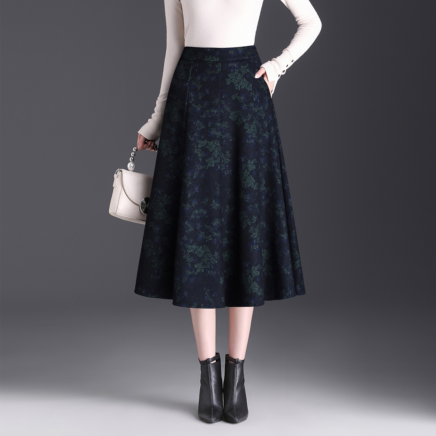 印花半身裙女高腰中长款A字裙垂感显瘦大摆裙秋季裙子优雅百褶裙