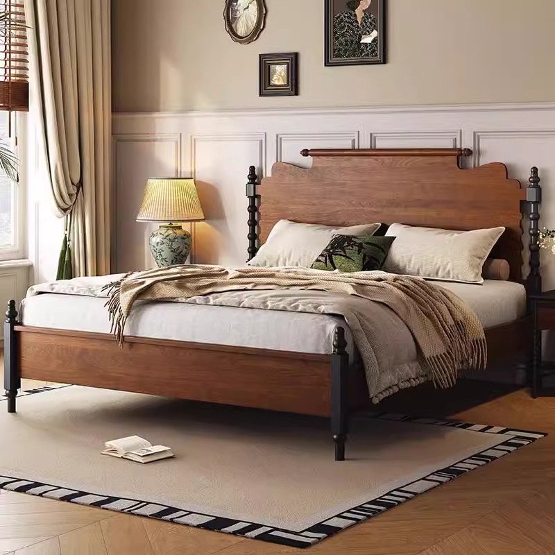 中古风白蜡木实木床主卧1.8米婚床美式轻奢双人床网红民宿酒店床