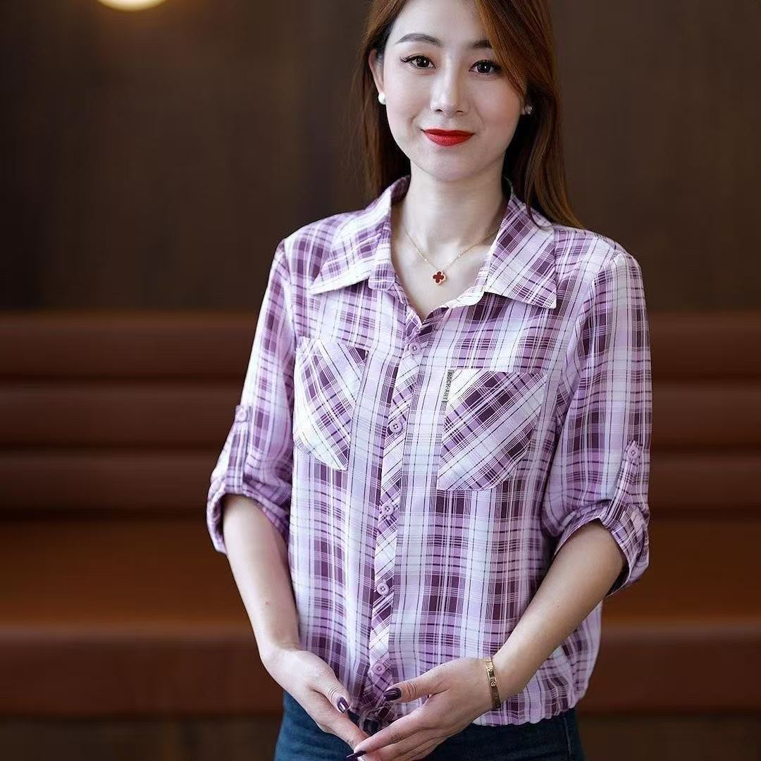 时尚格子短袖衬衫女士宽松显瘦百搭春秋新款开衫上衣