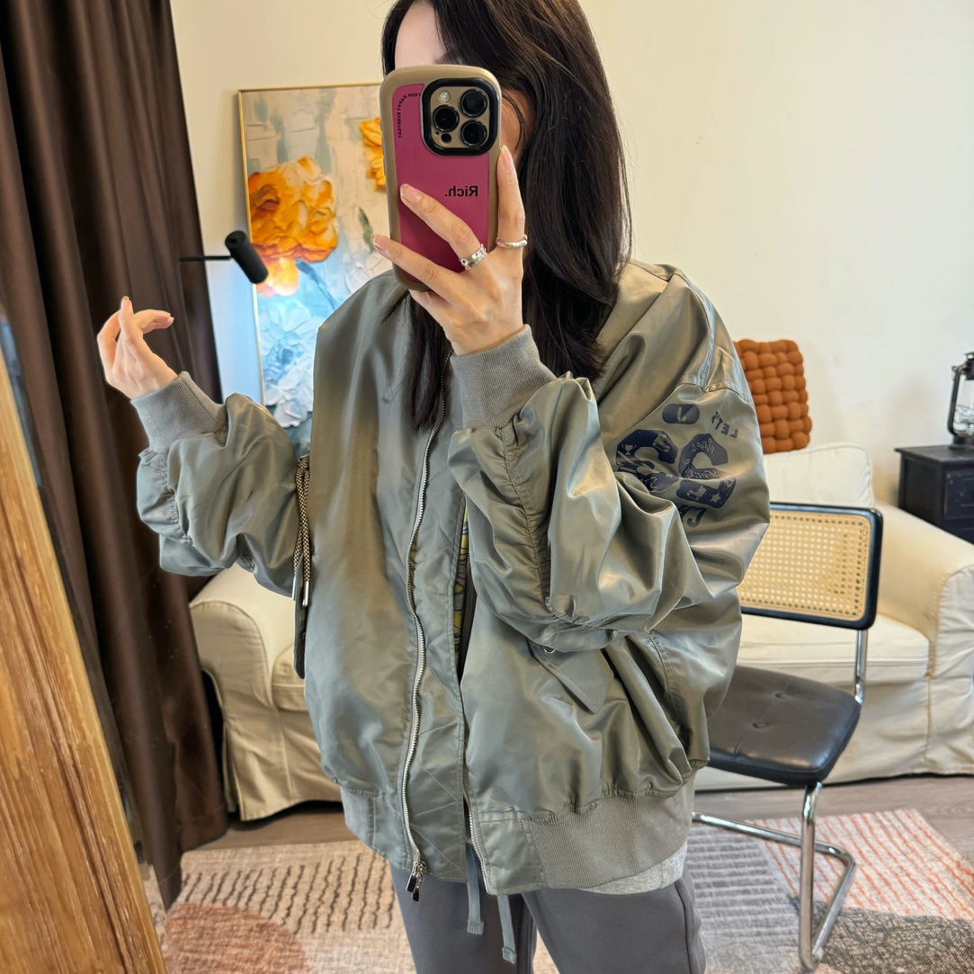 超帅的复古风！韩国代购宽松美式后背印花宽松拉链时髦棒球服外套