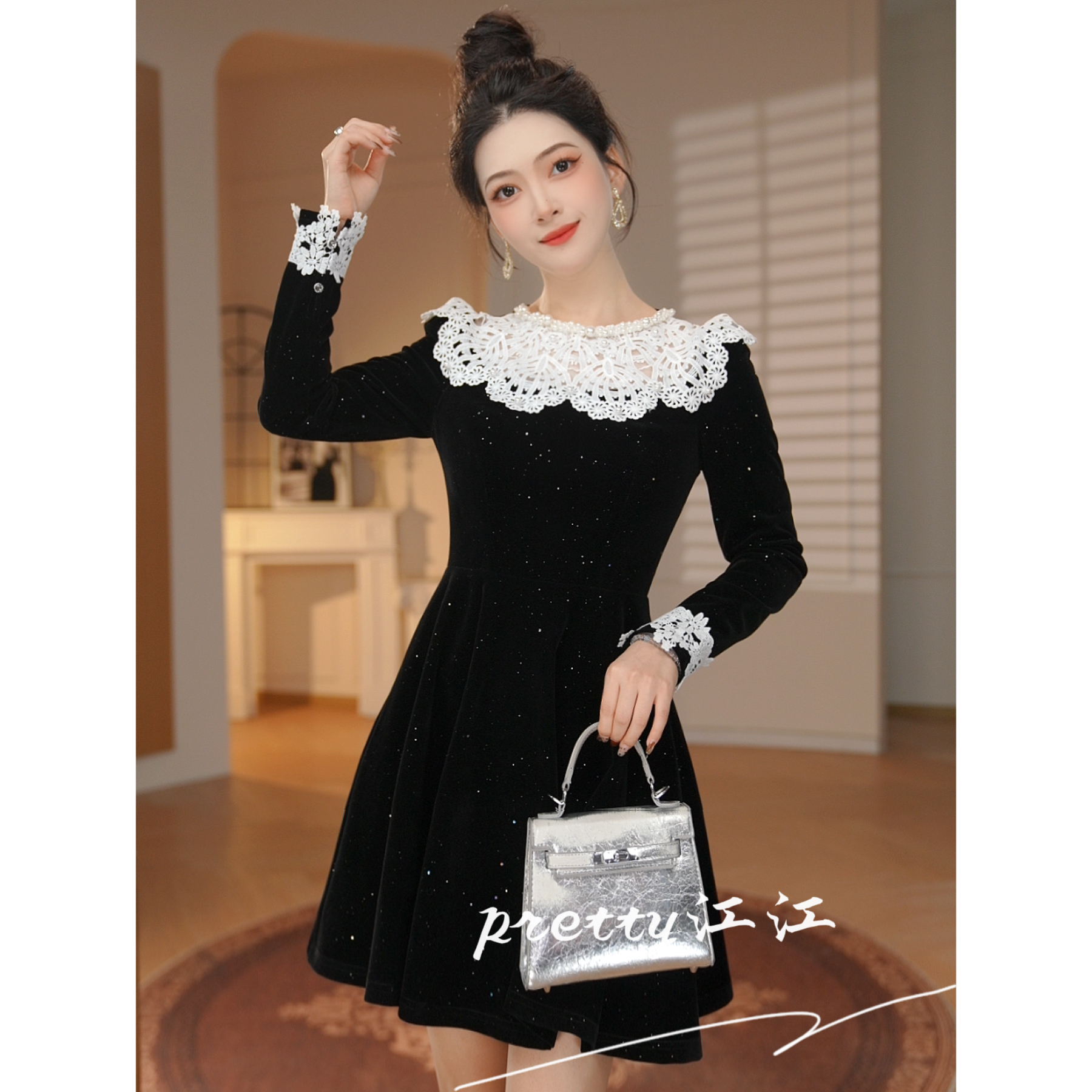 Pretty小众设计师品牌江江定制 法式复古名媛优雅气质连衣裙21989