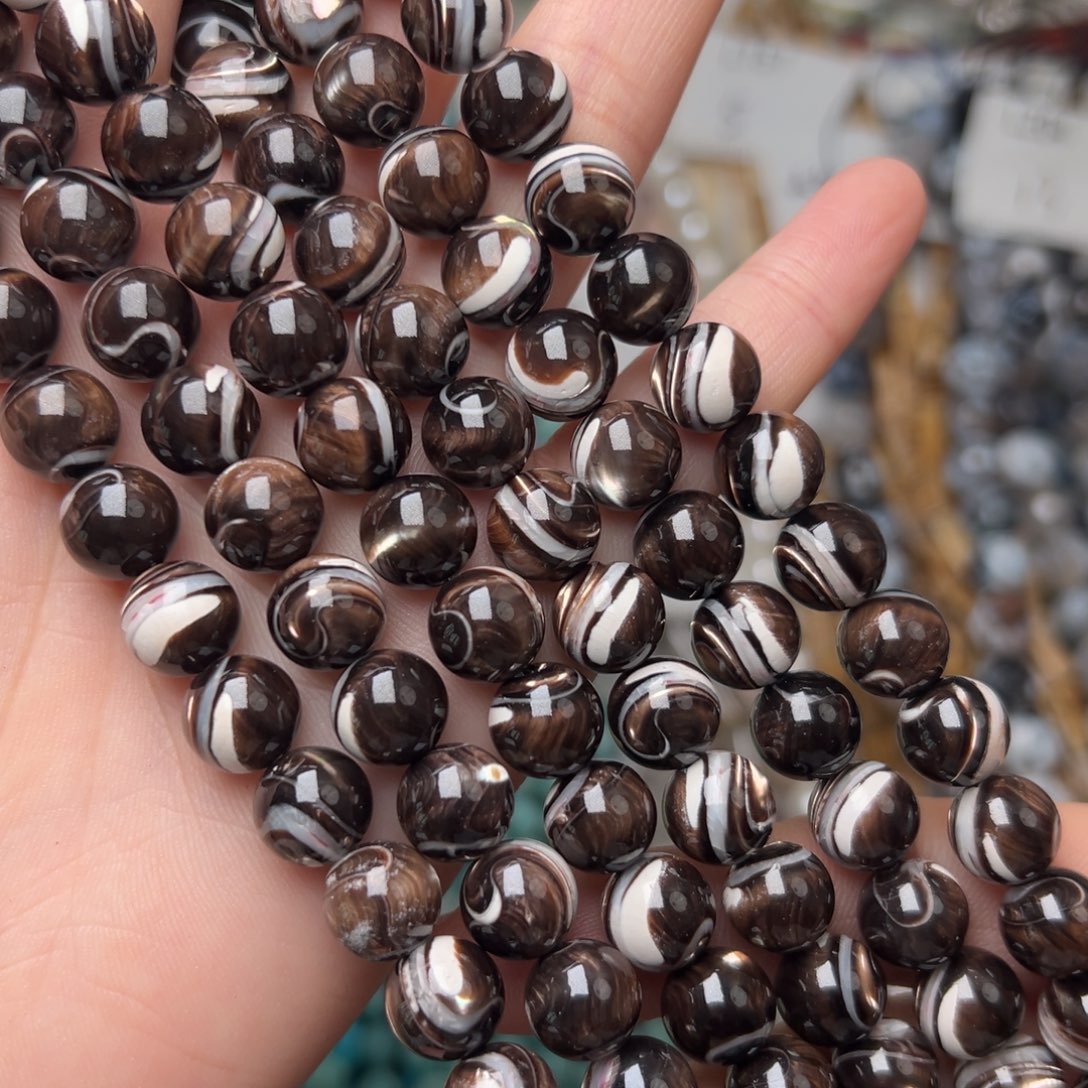 玛瑙/玉髓合金珠宝半成品L205。10mm天然黑金贝圆珠一条