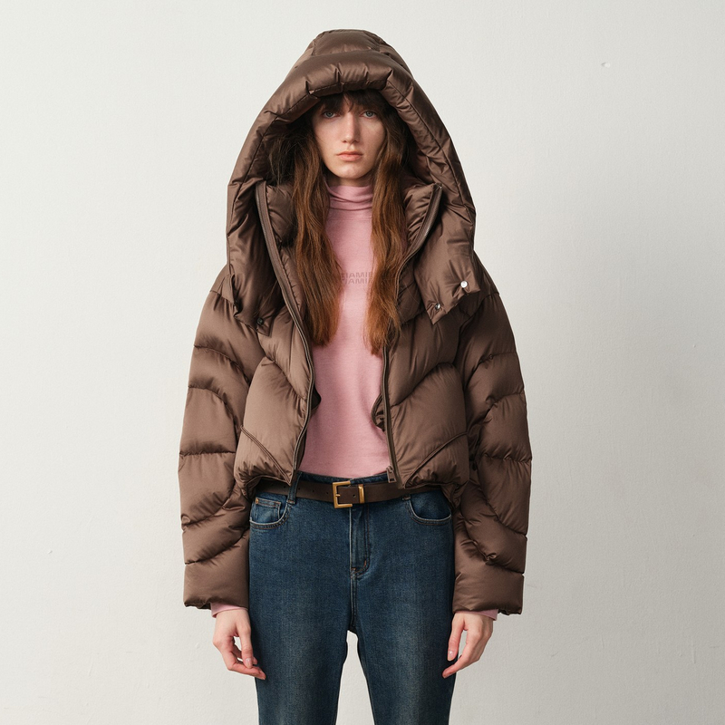 U/TI棕色连帽短款羽绒服大翻领秋冬保暖外套通勤百搭面包服外套