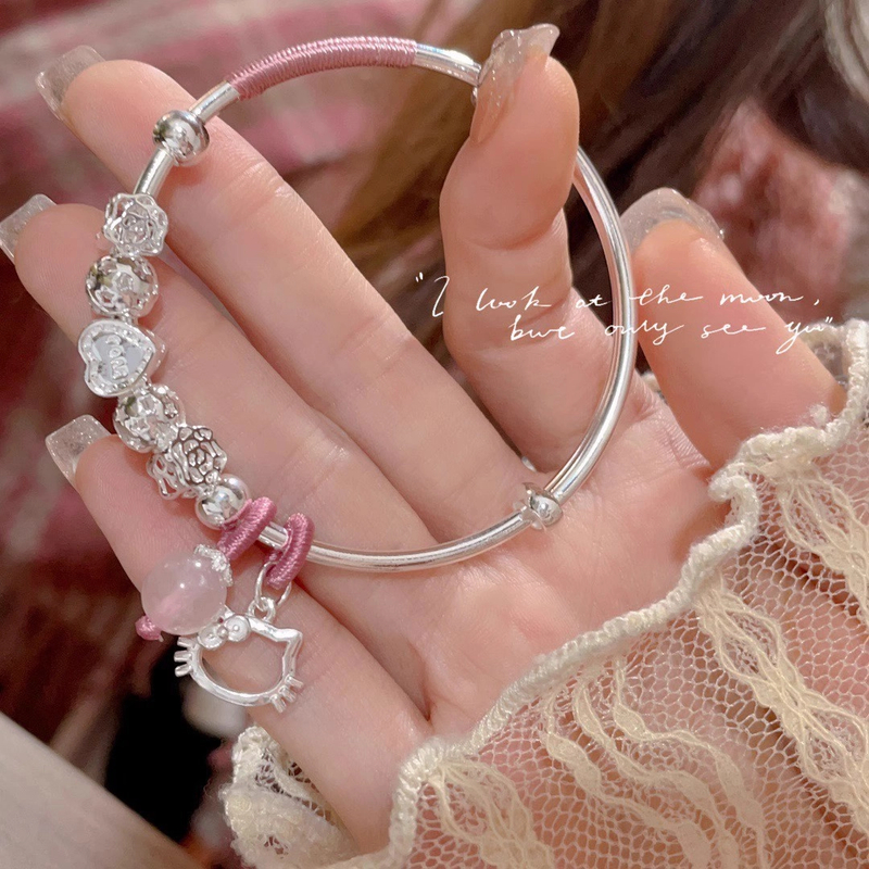 足银手镯 足银999kt猫玫瑰转运珠银手镯七夕情人节送女友生日礼物