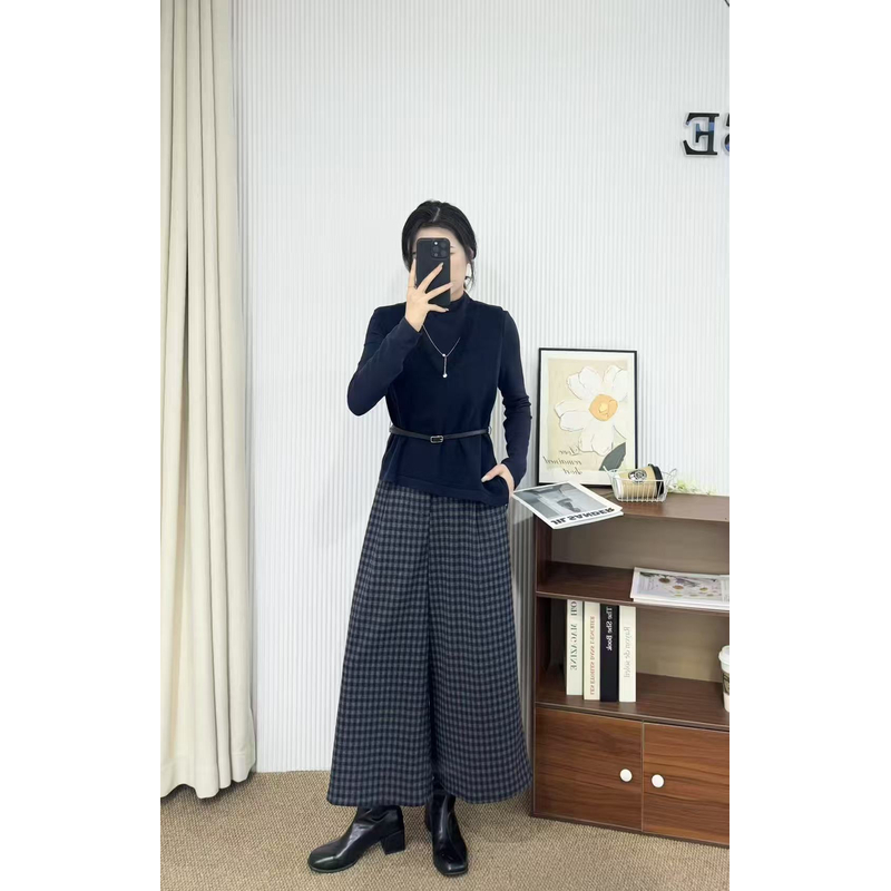 63095#复古秋冬时尚打底毛织背心搭配格子九分阔腿裤三件套百搭